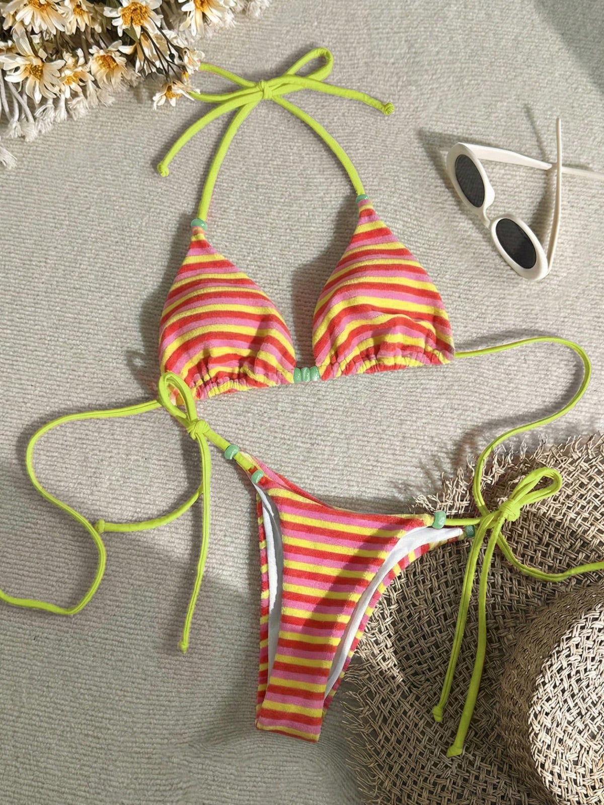 Swim Mod Women's Light Blue Striped Bikini Set,2 Pieces Beaded Cute Summer Bathing Suits For Casual Beach,Holiday,Vacation,Resort,Cruise & Boho Music Festival