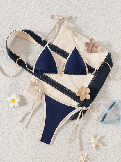 Swim Mod Women's New Solid Color Triangle Cup Bikini Set, Sexy Tie-Up Two Pieces Swimsuit For Summer Beach Vacation