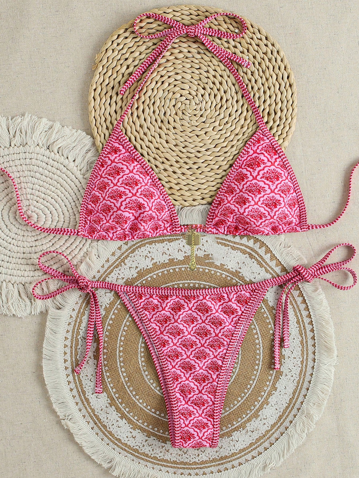 Swim Mod Women's New Solid Color Triangle Cup Bikini Set, Sexy Tie-Up Two Pieces Swimsuit For Summer Beach Vacation