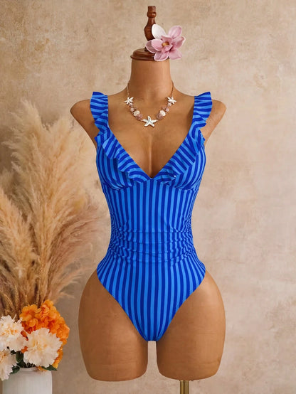Swim Mod Women's One-Piece Tropical Sexy Cute Striped Multicolor Print Adjustable Shoulder Strap Ruffle Hot-Selling Beach Vacation Casual Elegant Valentine's Day Party Bikini One-Piece Swimsuit