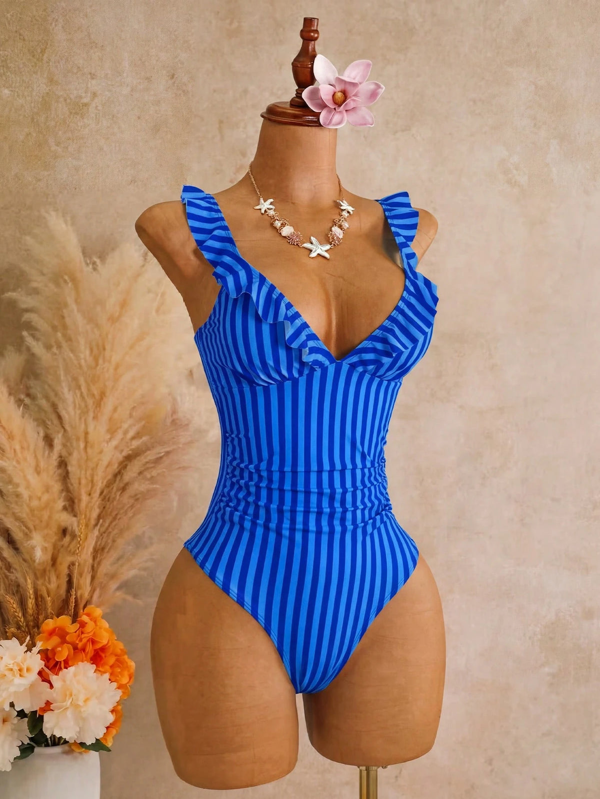 Swim Mod Women's One-Piece Tropical Sexy Cute Striped Multicolor Print Adjustable Shoulder Strap Ruffle Hot-Selling Beach Vacation Casual Elegant Valentine's Day Party Bikini One-Piece Swimsuit