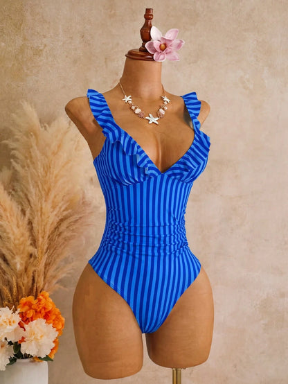 Swim Mod Women's One-Piece Tropical Sexy Cute Striped Multicolor Print Adjustable Shoulder Strap Ruffle Hot-Selling Beach Vacation Casual Elegant Valentine's Day Party Bikini One-Piece Swimsuit