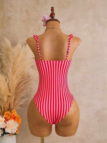 Swim Mod Women's One-Piece Tropical Sexy Cute Striped Multicolor Print Adjustable Shoulder Strap Ruffle Hot-Selling Beach Vacation Casual Elegant Valentine's Day Party Bikini One-Piece Swimsuit