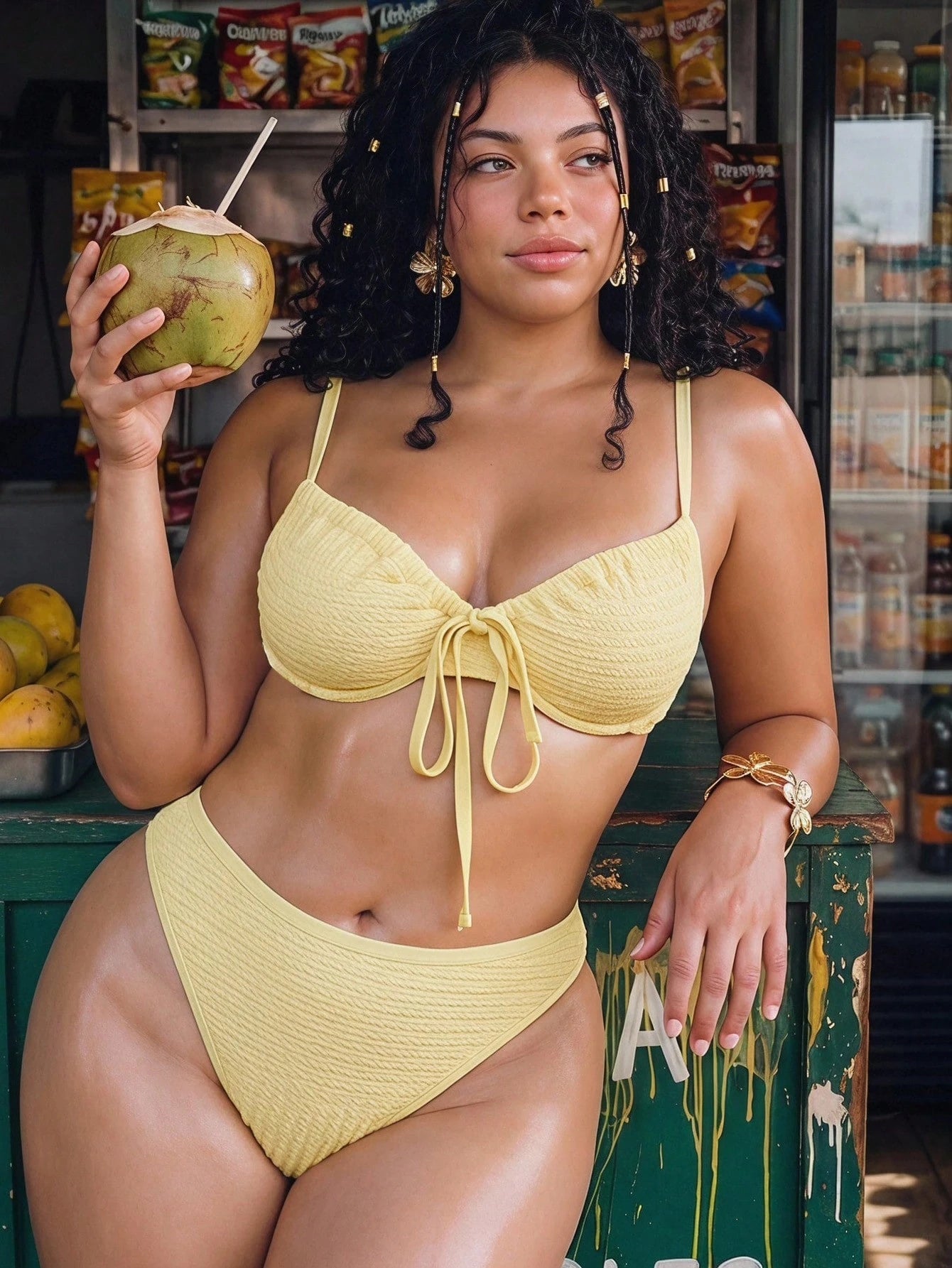 Swim Mod Women's Plus Size Solid Color Textured Fabric Spaghetti Strap Triangle Bikini Set For Vacation And Beach