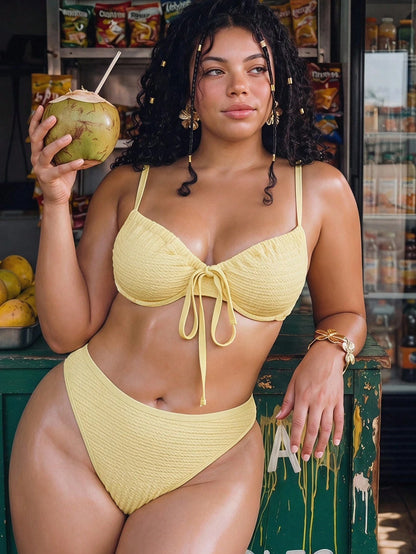 Swim Mod Women's Plus Size Solid Color Textured Fabric Spaghetti Strap Triangle Bikini Set For Vacation And Beach