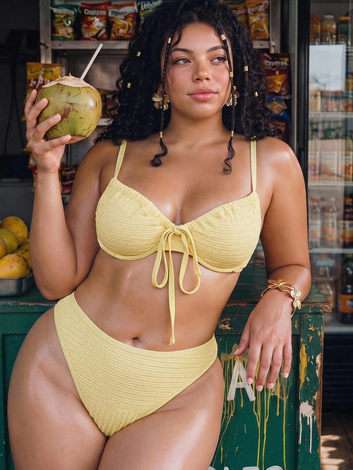 Swim Mod Women's Plus Size Solid Color Textured Fabric Spaghetti Strap Triangle Bikini Set For Vacation And Beach