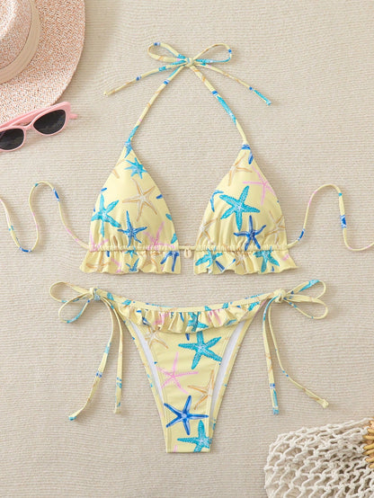 Swim Mod Women's Random Starfish Print Cute Sweet Beach Vacation 2 Pieces Swimwear, Summer