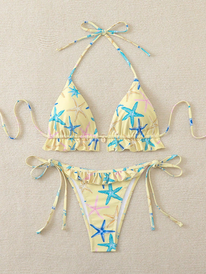 Swim Mod Women's Random Starfish Print Cute Sweet Beach Vacation 2 Pieces Swimwear, Summer
