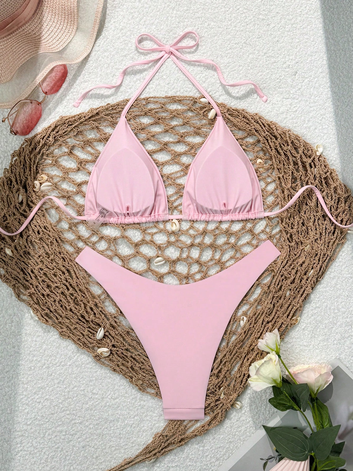 Swim Mod Women's Solid Color Halter Tie Front Bikini Set, Simple And Fashionable For Casual Daily Wear Summer