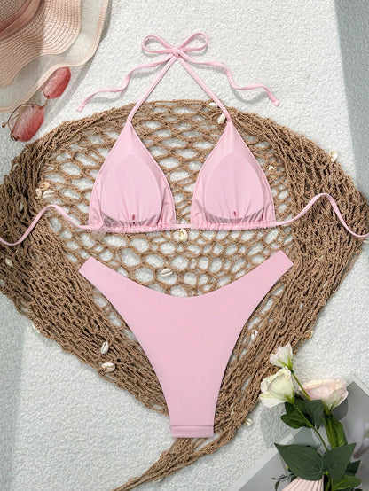 Swim Mod Women's Solid Color Halter Tie Front Bikini Set, Simple And Fashionable For Casual Daily Wear Summer