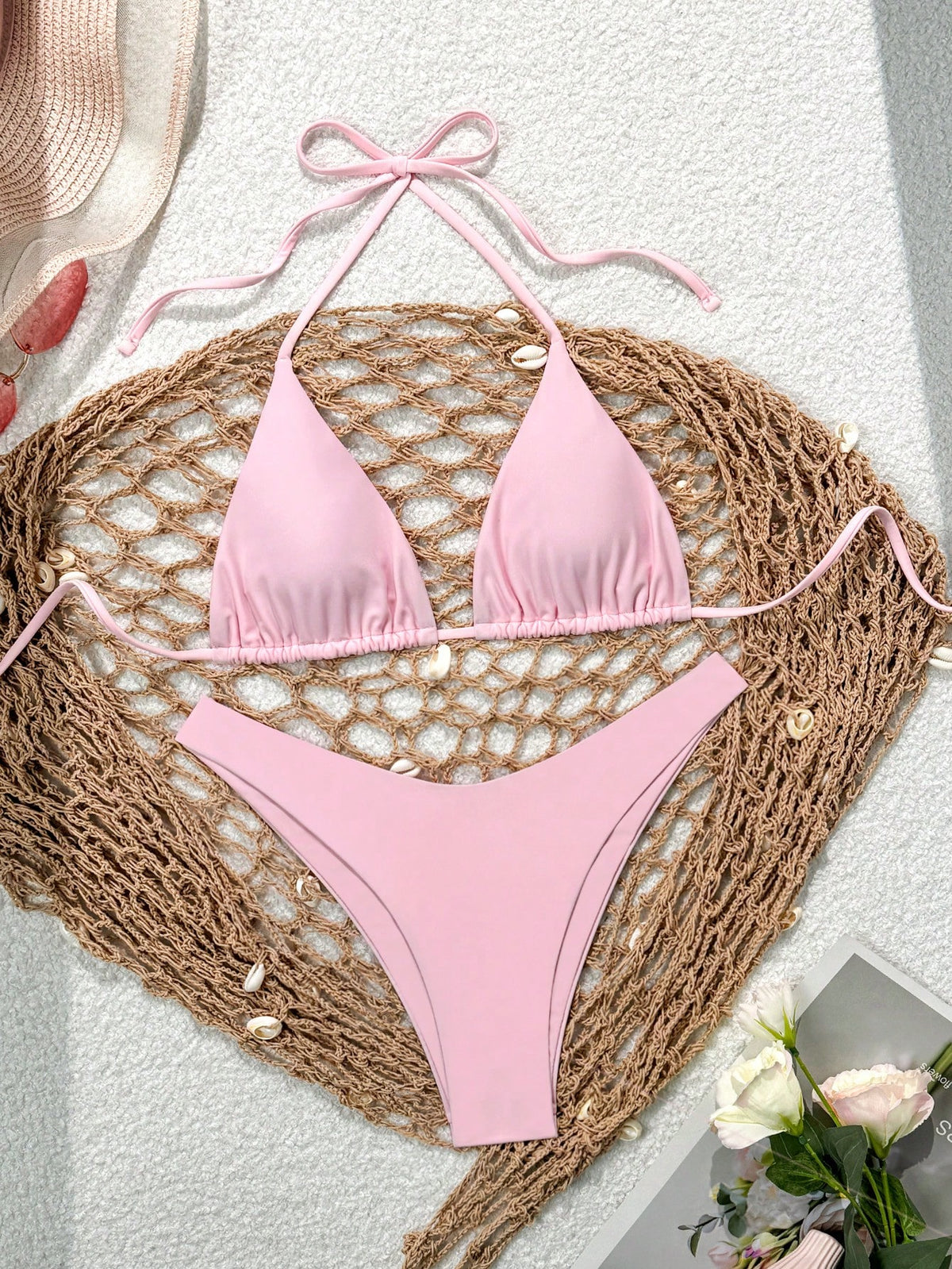 Swim Mod Women's Solid Color Halter Tie Front Bikini Set, Simple And Fashionable For Casual Daily Wear Summer