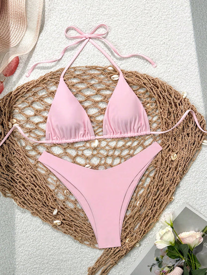 Swim Mod Women's Solid Color Halter Tie Front Bikini Set, Simple And Fashionable For Casual Daily Wear Summer
