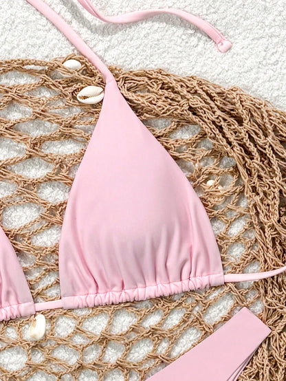 Swim Mod Women's Solid Color Halter Tie Front Bikini Set, Simple And Fashionable For Casual Daily Wear Summer