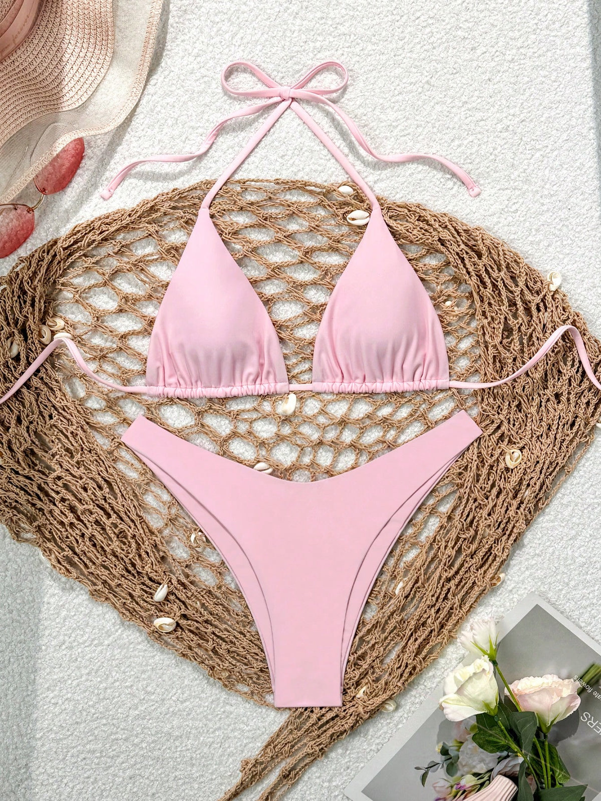 Swim Mod Women's Solid Color Halter Tie Front Bikini Set, Simple And Fashionable For Casual Daily Wear Summer