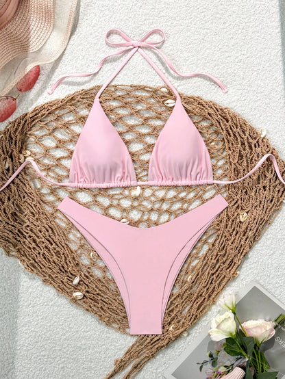 Swim Mod Women's Solid Color Halter Tie Front Bikini Set, Simple And Fashionable For Casual Daily Wear Summer