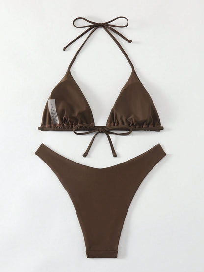 Swim Mod Women's Solid Color Halter Tie Front Bikini Set, Simple And Fashionable For Casual Daily Wear Summer