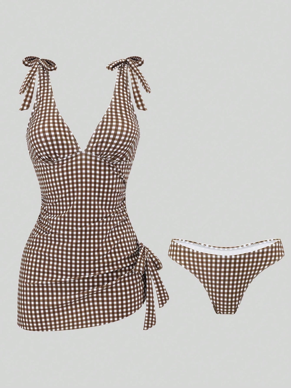 Swim Mod Women's Standard Size Plaid Print Side Ruched Beach Vacation Tank Top & Bikini Bottom Two-Piece Swimsuit Set