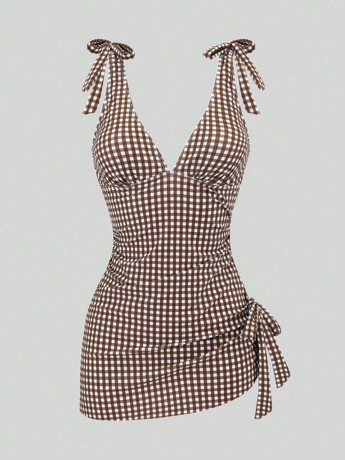 Swim Mod Women's Standard Size Plaid Print Side Ruched Beach Vacation Tank Top & Bikini Bottom Two-Piece Swimsuit Set