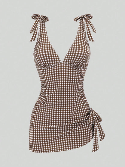 Swim Mod Women's Standard Size Plaid Print Side Ruched Beach Vacation Tank Top & Bikini Bottom Two-Piece Swimsuit Set