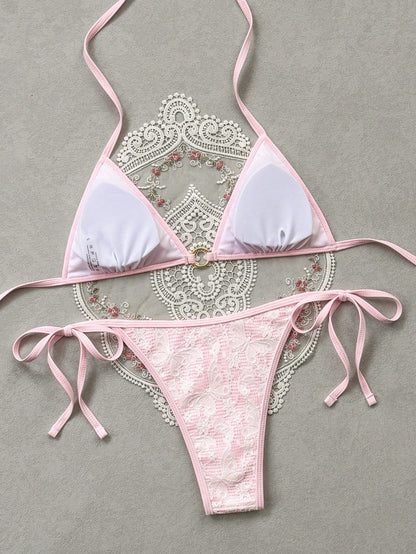 Swim Mod Women's Summer Beach Vacation Sweet And Cute Pink Butterfly And Floral Lace Bikini Set