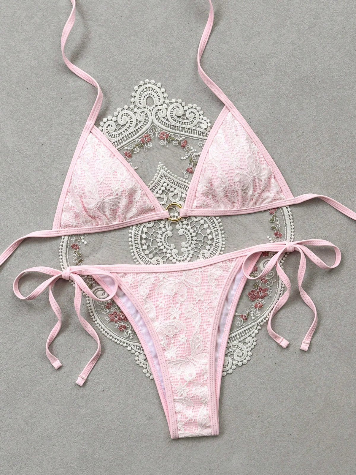 Swim Mod Women's Summer Beach Vacation Sweet And Cute Pink Butterfly And Floral Lace Bikini Set