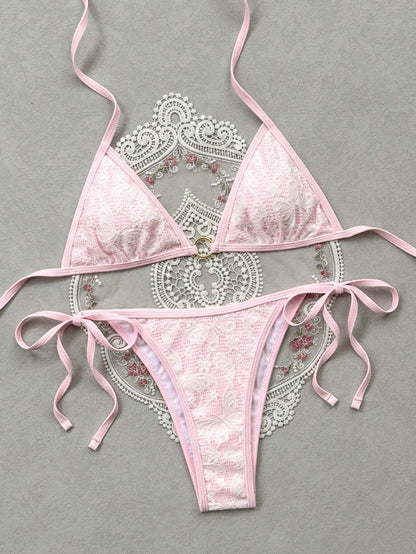 Swim Mod Women's Summer Beach Vacation Sweet And Cute Pink Butterfly And Floral Lace Bikini Set