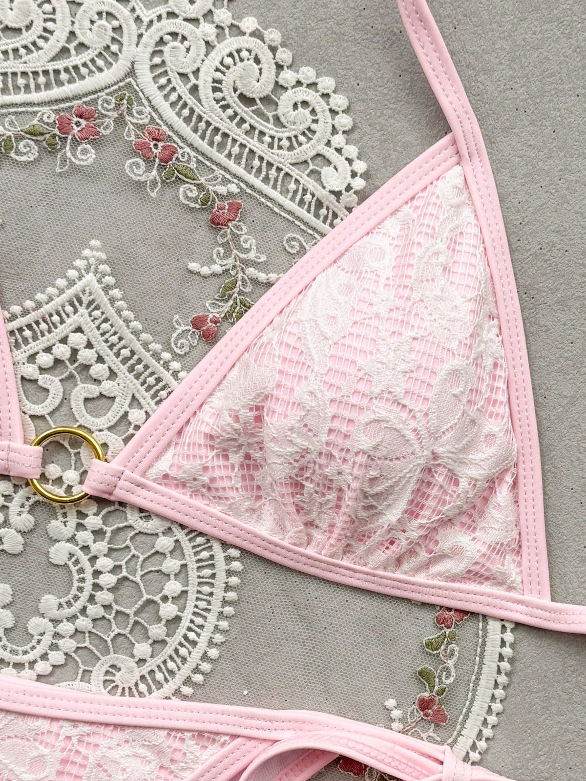 Swim Mod Women's Summer Beach Vacation Sweet And Cute Pink Butterfly And Floral Lace Bikini Set