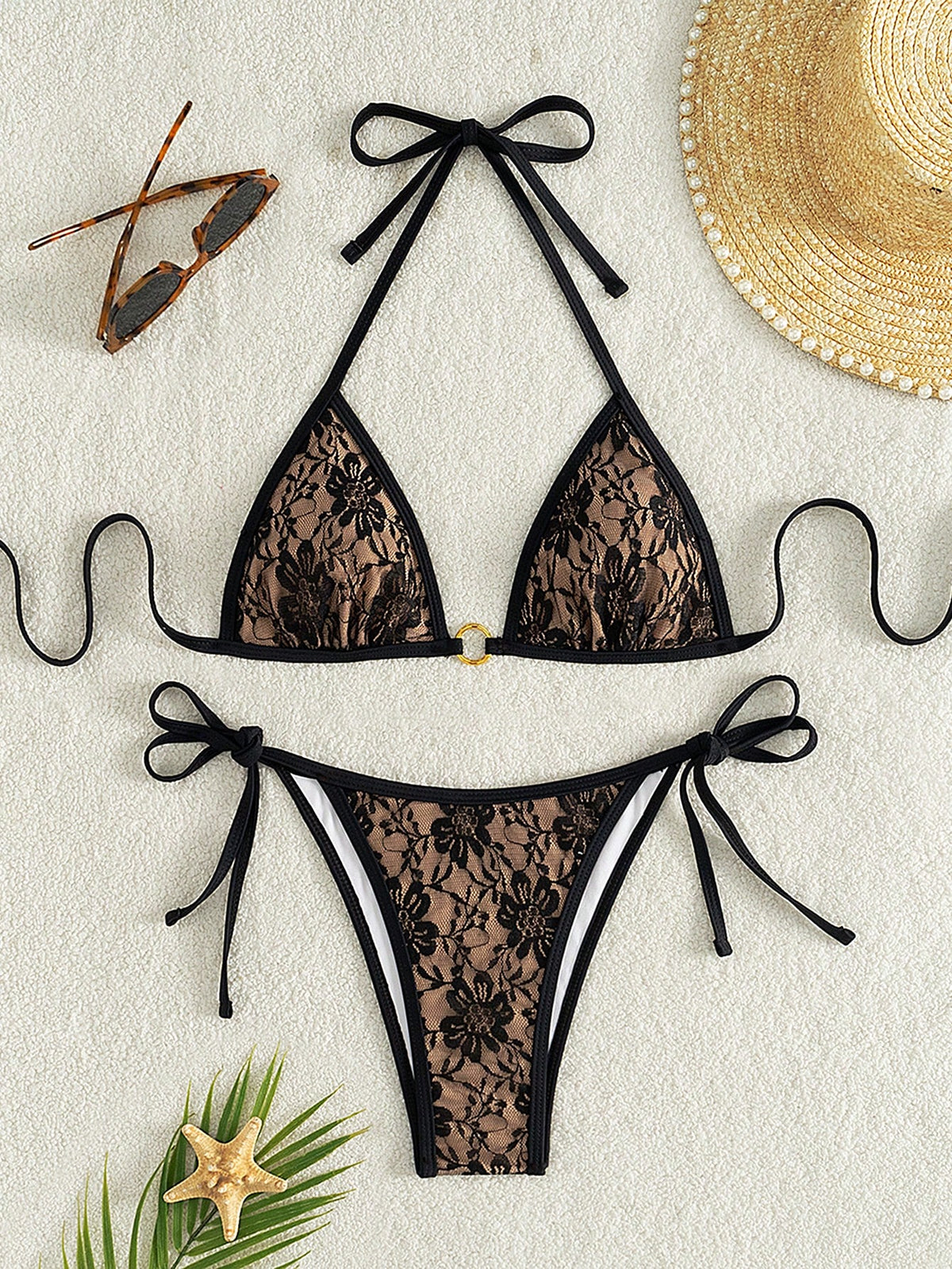 Swim Mod Women's Summer Beach Vacation Sweet And Cute Pink Butterfly And Floral Lace Bikini Set