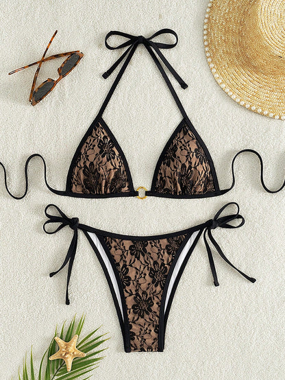 Swim Mod Women's Summer Beach Vacation Sweet And Cute Pink Butterfly And Floral Lace Bikini Set