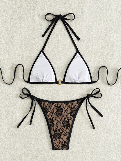 Swim Mod Women's Summer Beach Vacation Sweet And Cute Pink Butterfly And Floral Lace Bikini Set