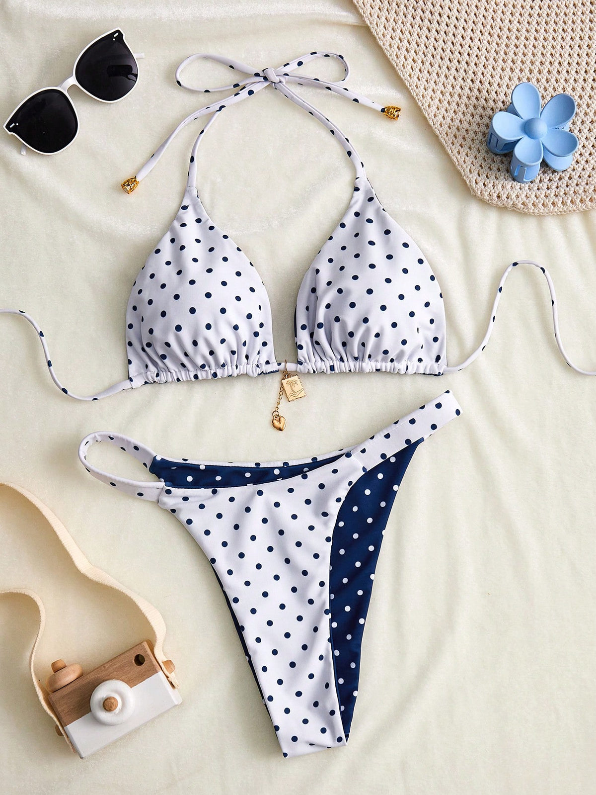Swim Mod Women's Summer New Seaside Vacation Fashion Sweet Cute Contrast Polka Dot Print Reversible Halter Tie Back Sexy Bikini Set Set