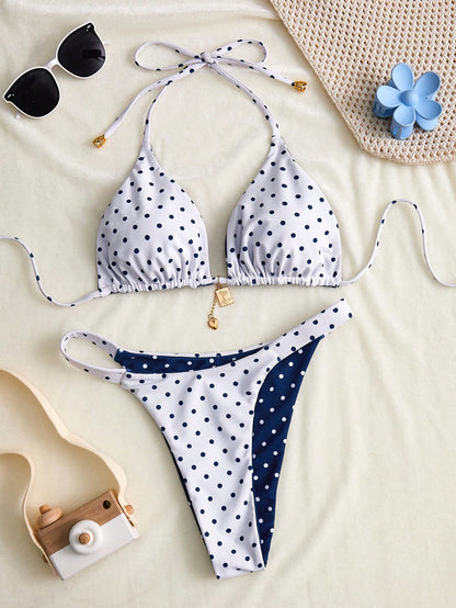 Swim Mod Women's Summer New Seaside Vacation Fashion Sweet Cute Contrast Polka Dot Print Reversible Halter Tie Back Sexy Bikini Set Set