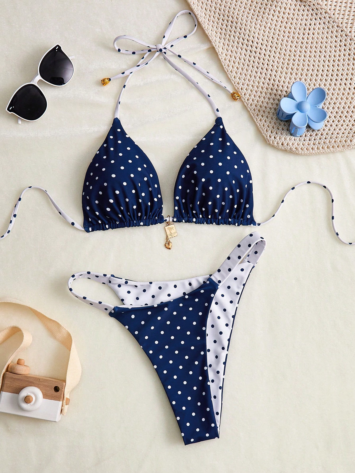 Swim Mod Women's Summer New Seaside Vacation Fashion Sweet Cute Contrast Polka Dot Print Reversible Halter Tie Back Sexy Bikini Set Set