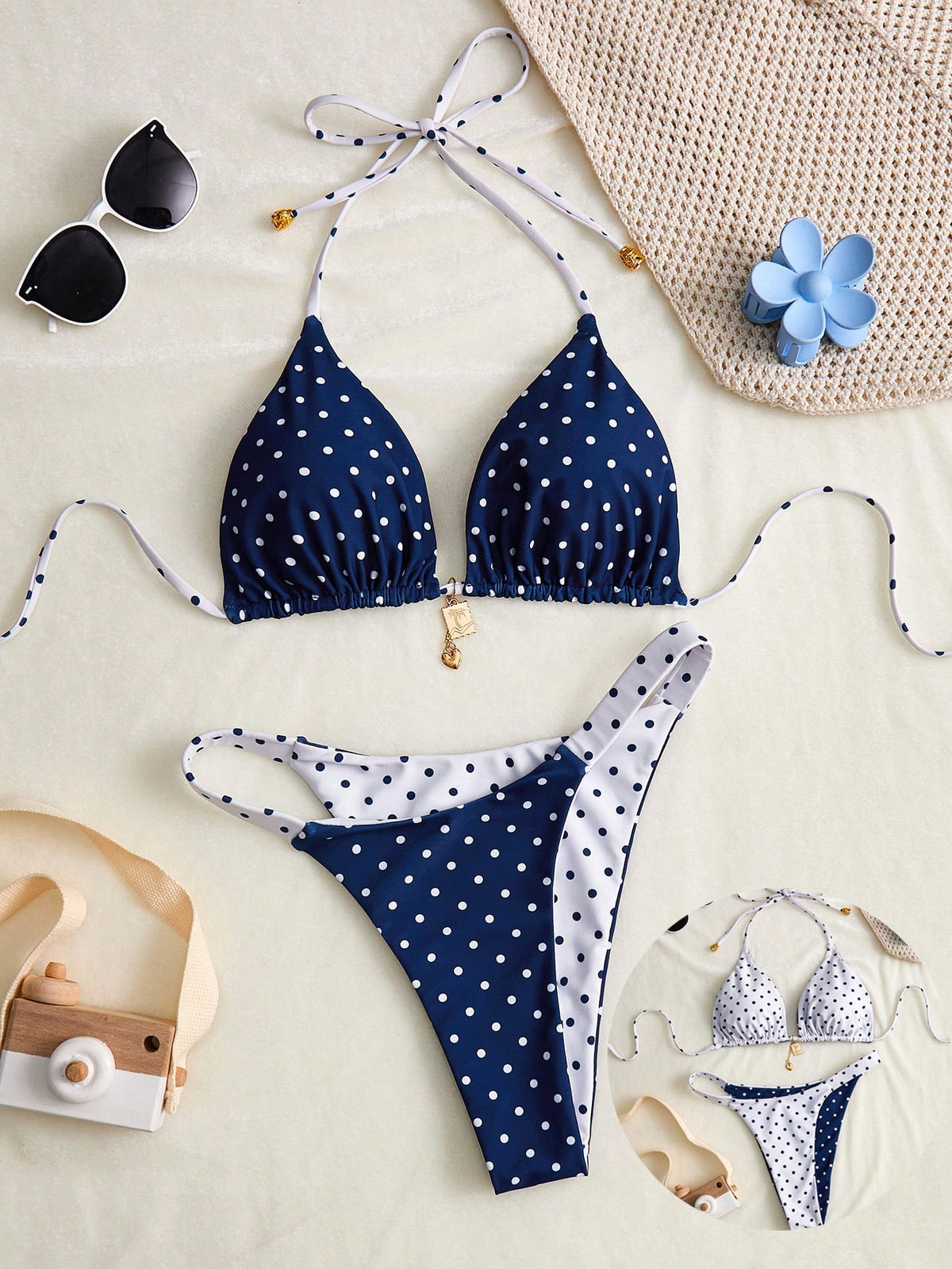 Swim Mod Women's Summer New Seaside Vacation Fashion Sweet Cute Contrast Polka Dot Print Reversible Halter Tie Back Sexy Bikini Set Set