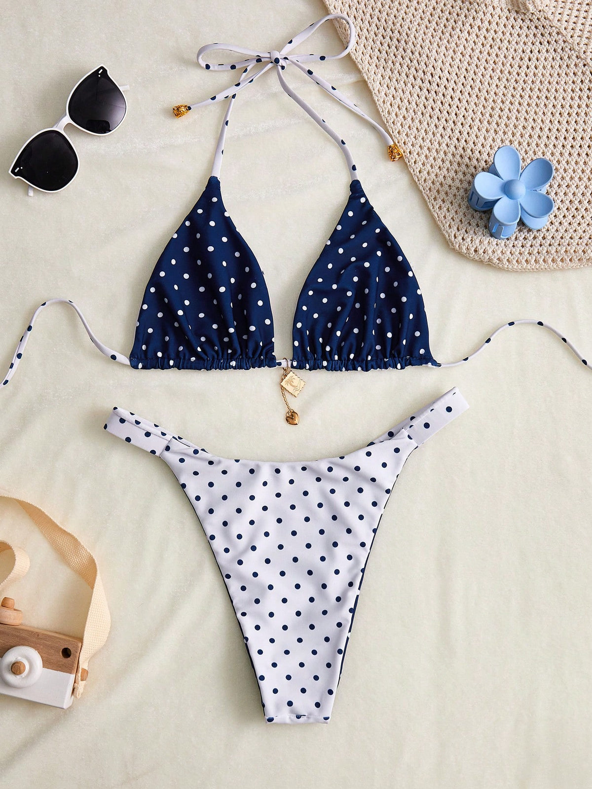 Swim Mod Women's Summer New Seaside Vacation Fashion Sweet Cute Contrast Polka Dot Print Reversible Halter Tie Back Sexy Bikini Set Set