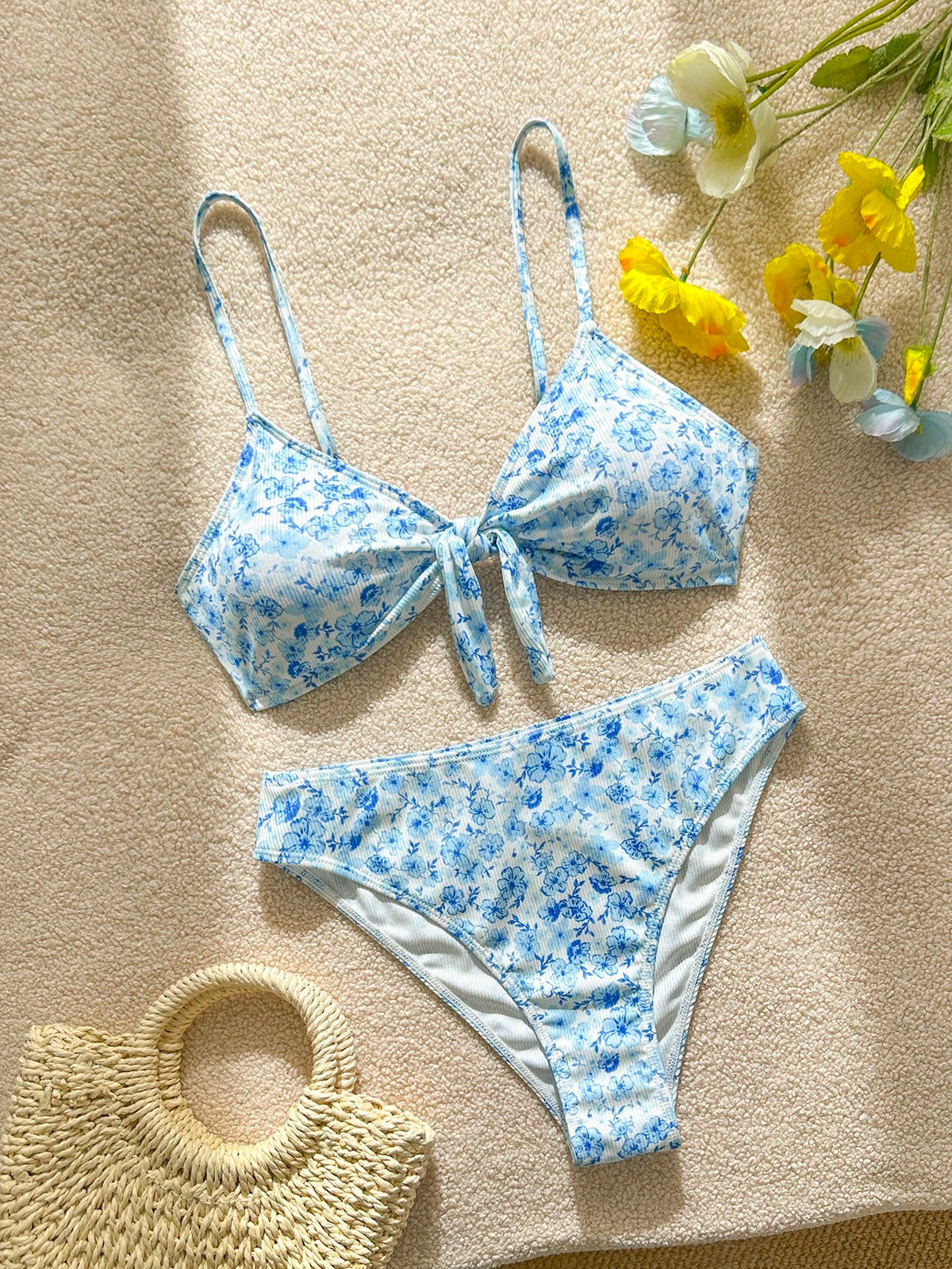 Swim Mod Women's Swimwear Set, Random Ditsy Floral, Adjustable Straps, Bikini 2-Piece, Bow Decor, High Waist, Beach & Resort Casual Swimwear