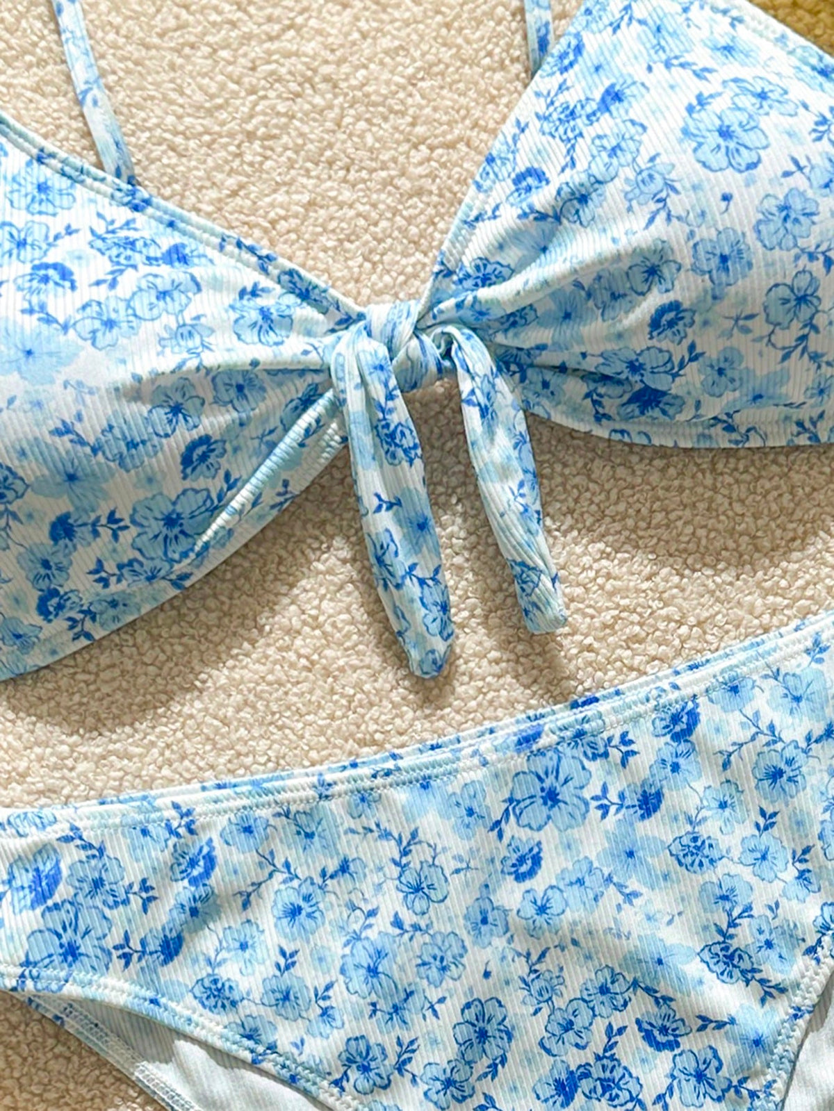 Swim Mod Women's Swimwear Set, Random Ditsy Floral, Adjustable Straps, Bikini 2-Piece, Bow Decor, High Waist, Beach & Resort Casual Swimwear