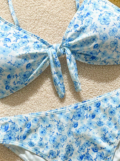 Swim Mod Women's Swimwear Set, Random Ditsy Floral, Adjustable Straps, Bikini 2-Piece, Bow Decor, High Waist, Beach & Resort Casual Swimwear