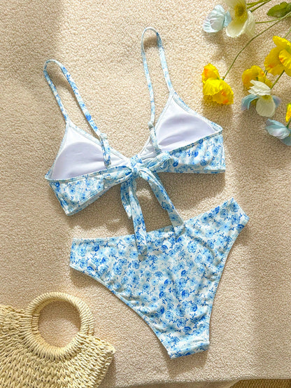 Swim Mod Women's Swimwear Set, Random Ditsy Floral, Adjustable Straps, Bikini 2-Piece, Bow Decor, High Waist, Beach & Resort Casual Swimwear