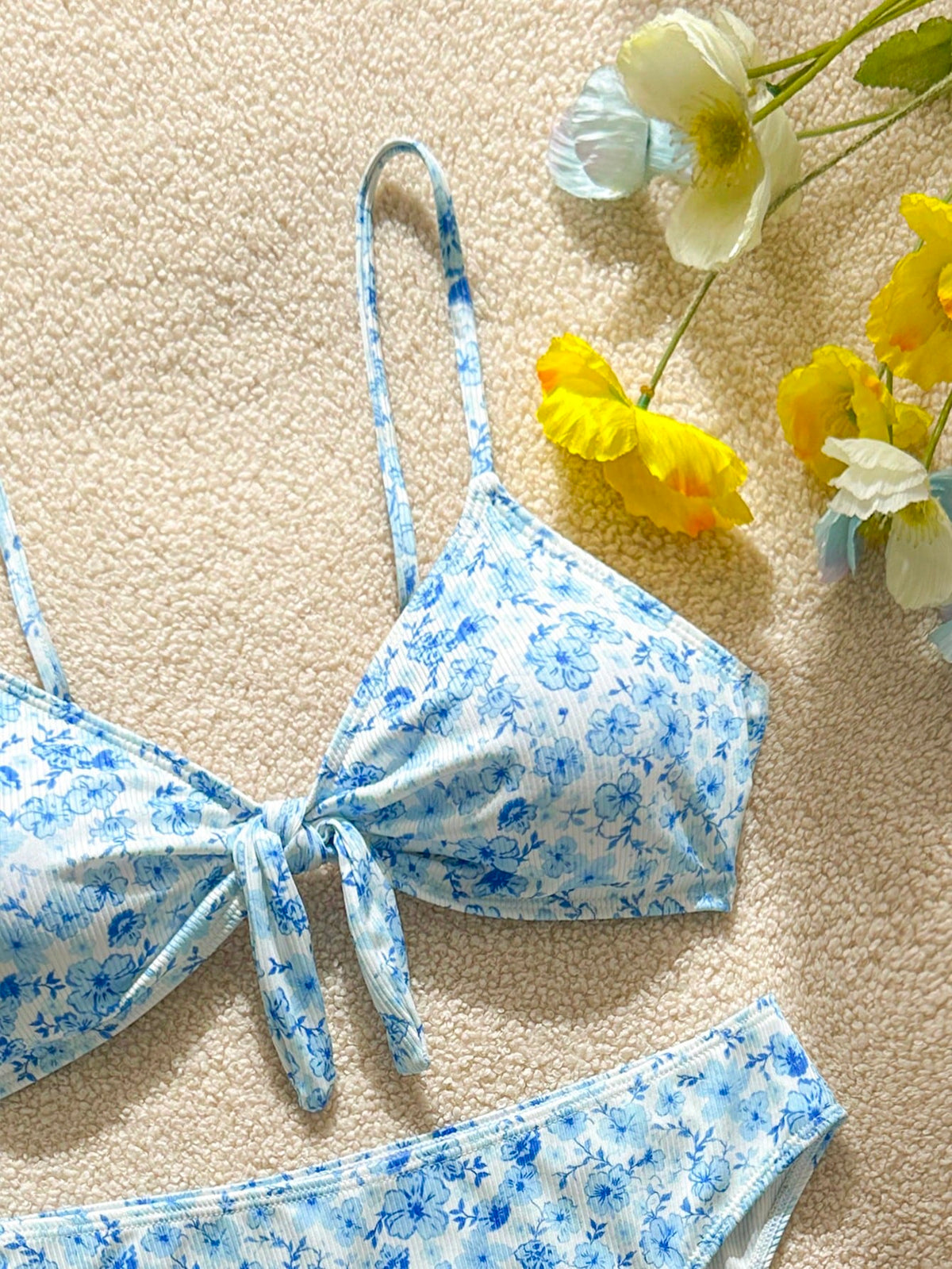 Swim Mod Women's Swimwear Set, Random Ditsy Floral, Adjustable Straps, Bikini 2-Piece, Bow Decor, High Waist, Beach & Resort Casual Swimwear