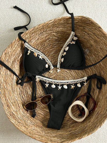 Swim Mod Women's Vacation Patchwork Crochet Strap Shell Decor Textured Fabric Tie Front Bikini Set For Summer