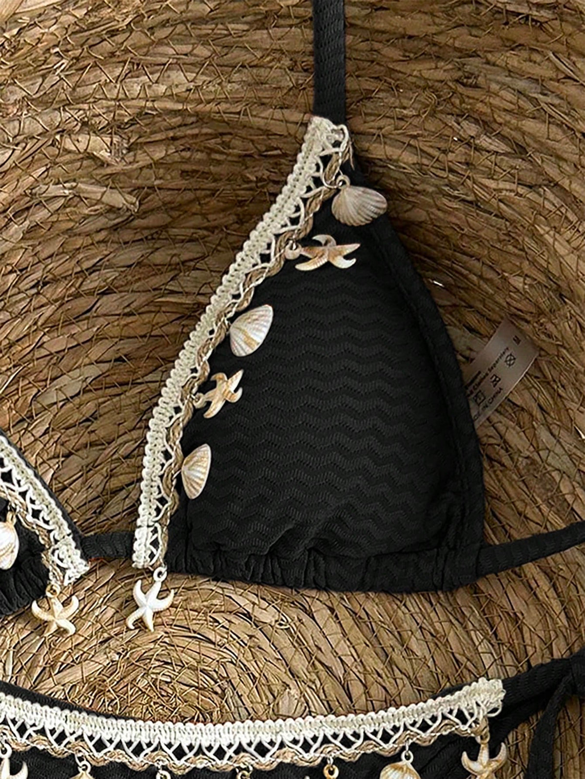 Swim Mod Women's Vacation Patchwork Crochet Strap Shell Decor Textured Fabric Tie Front Bikini Set For Summer