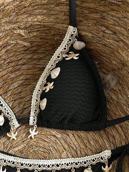 Swim Mod Women's Vacation Patchwork Crochet Strap Shell Decor Textured Fabric Tie Front Bikini Set For Summer
