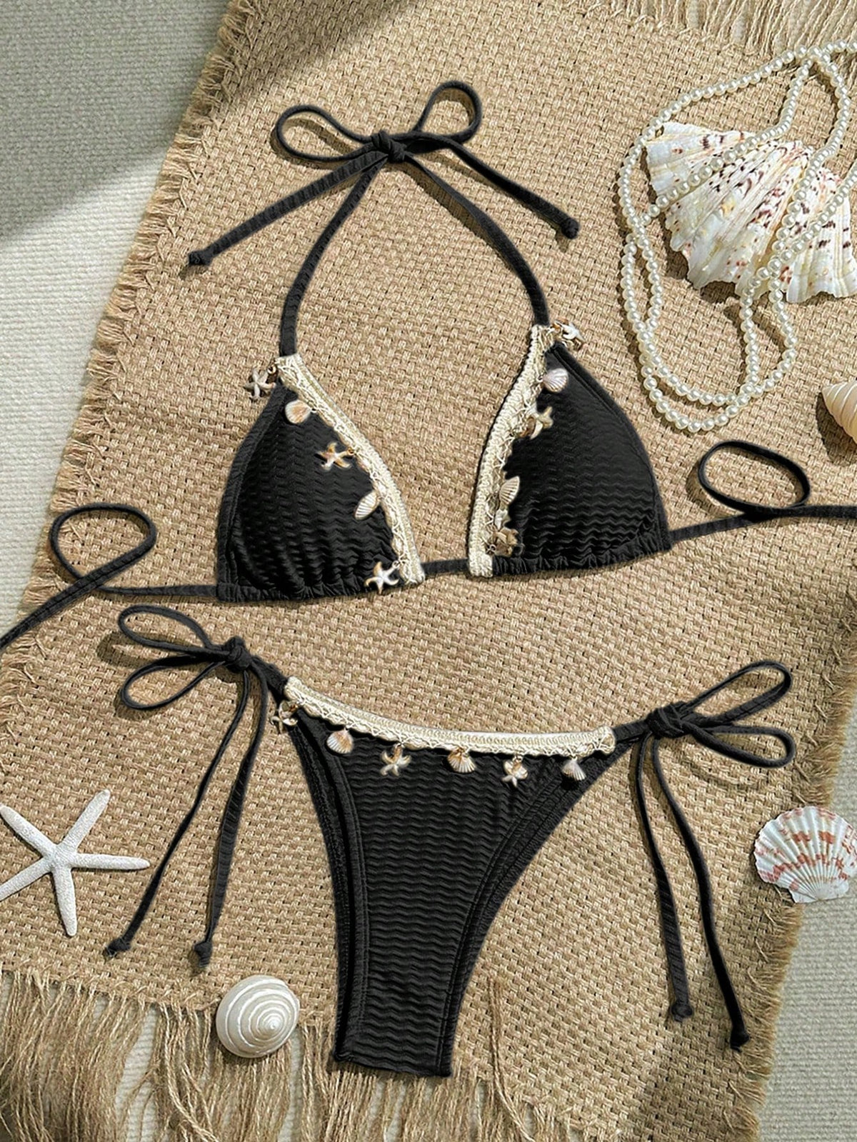 Swim Mod Women's Vacation Patchwork Crochet Strap Shell Decor Textured Fabric Tie Front Bikini Set For Summer