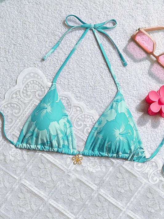 Swim Mod Women Summer Beach Floral Print Metal Decor Strap Bikini Top