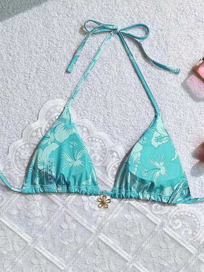 Swim Mod Women Summer Beach Floral Print Metal Decor Strap Bikini Top
