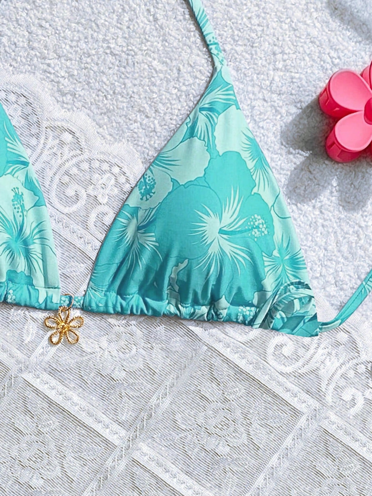 Swim Mod Women Summer Beach Floral Print Metal Decor Strap Bikini Top