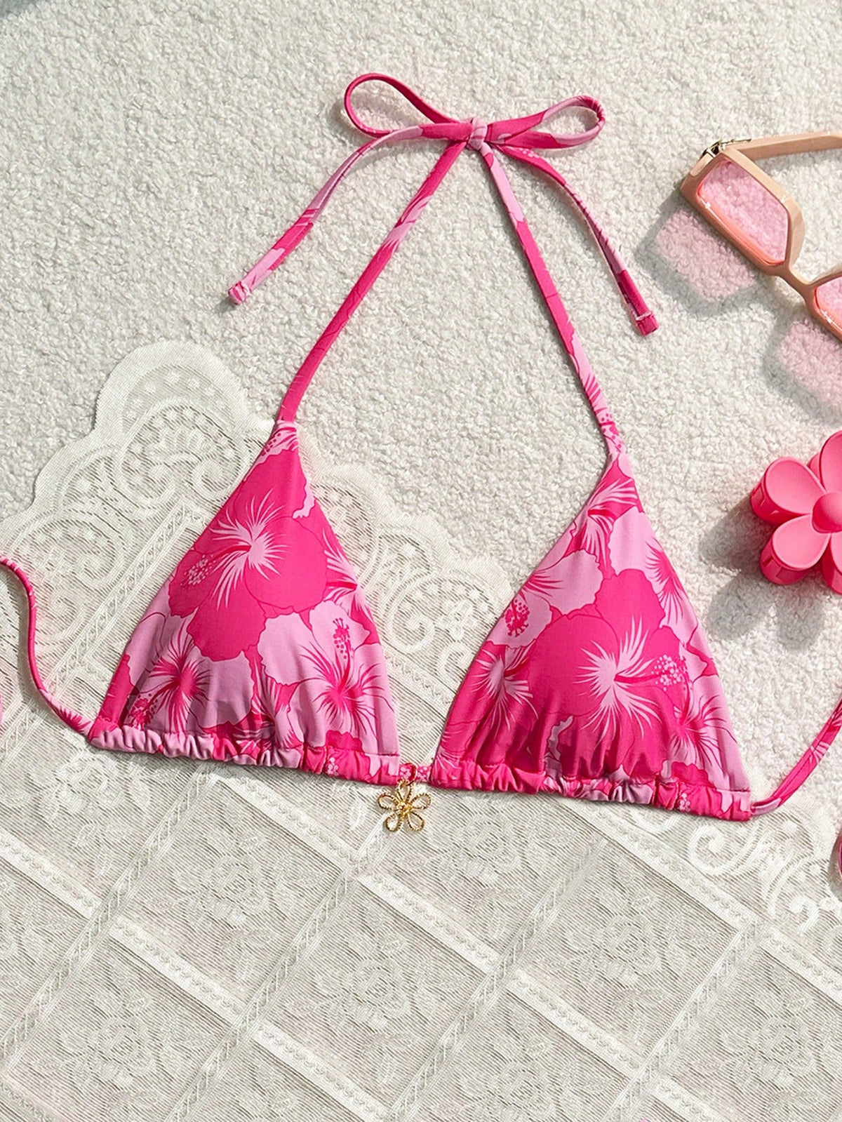 Swim Mod Women Summer Beach Floral Print Metal Decor Strap Bikini Top