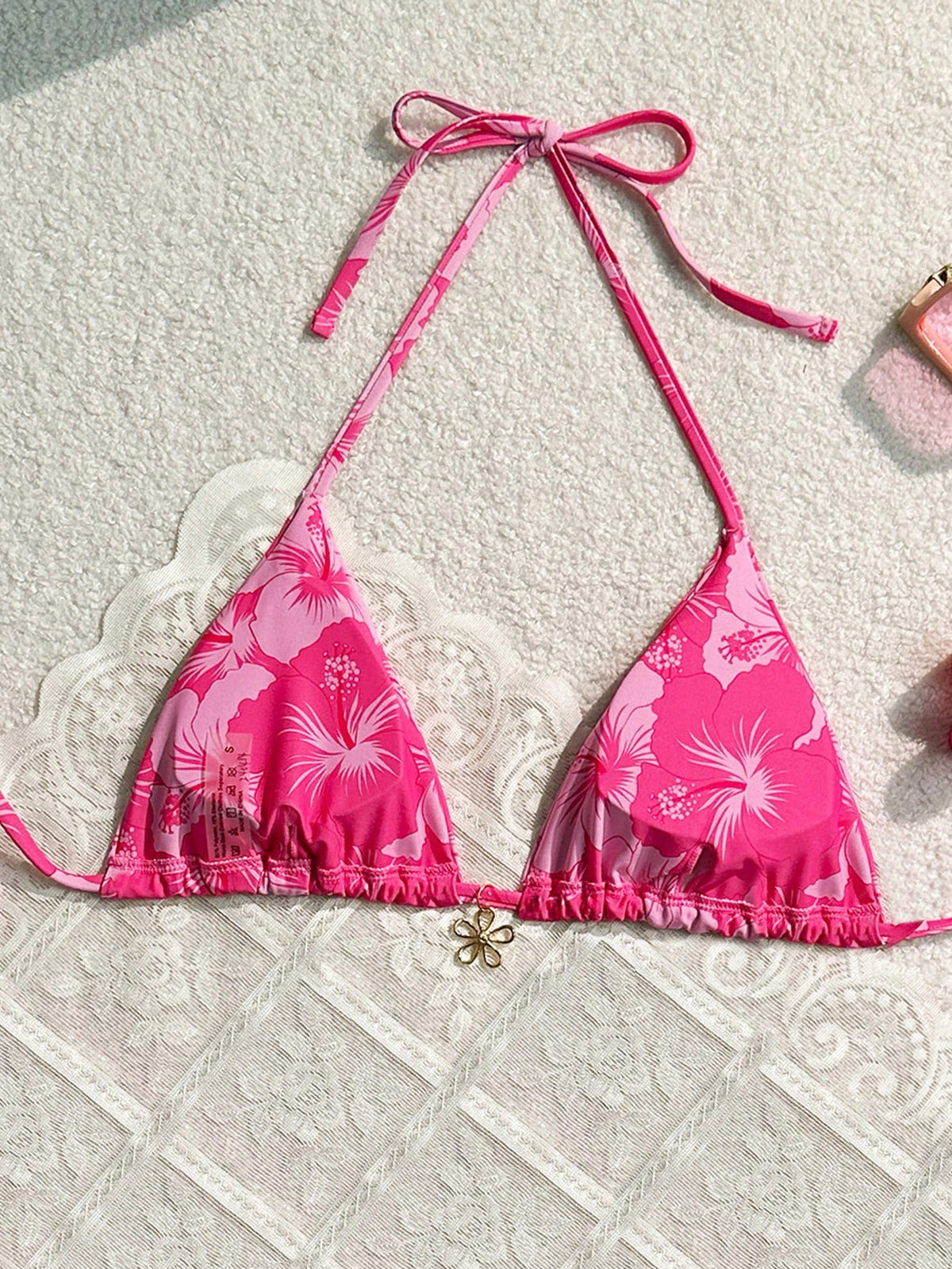 Swim Mod Women Summer Beach Floral Print Metal Decor Strap Bikini Top