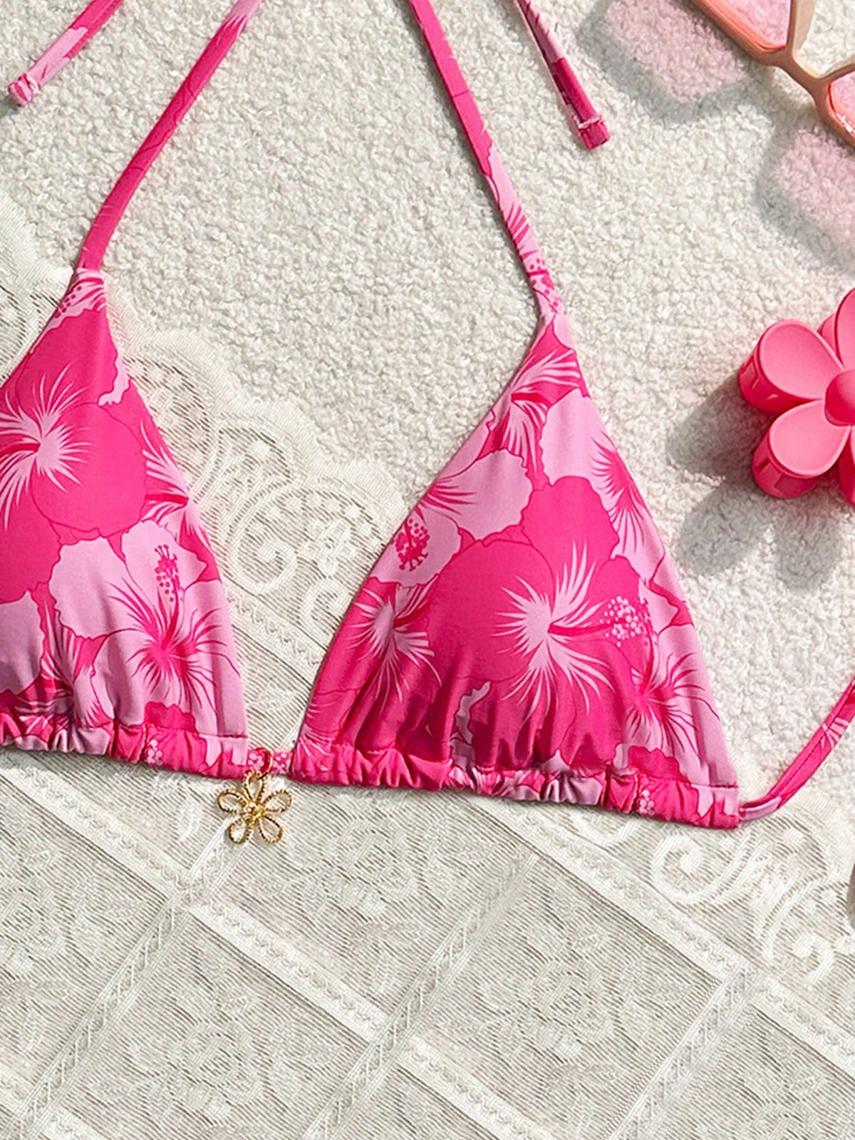 Swim Mod Women Summer Beach Floral Print Metal Decor Strap Bikini Top